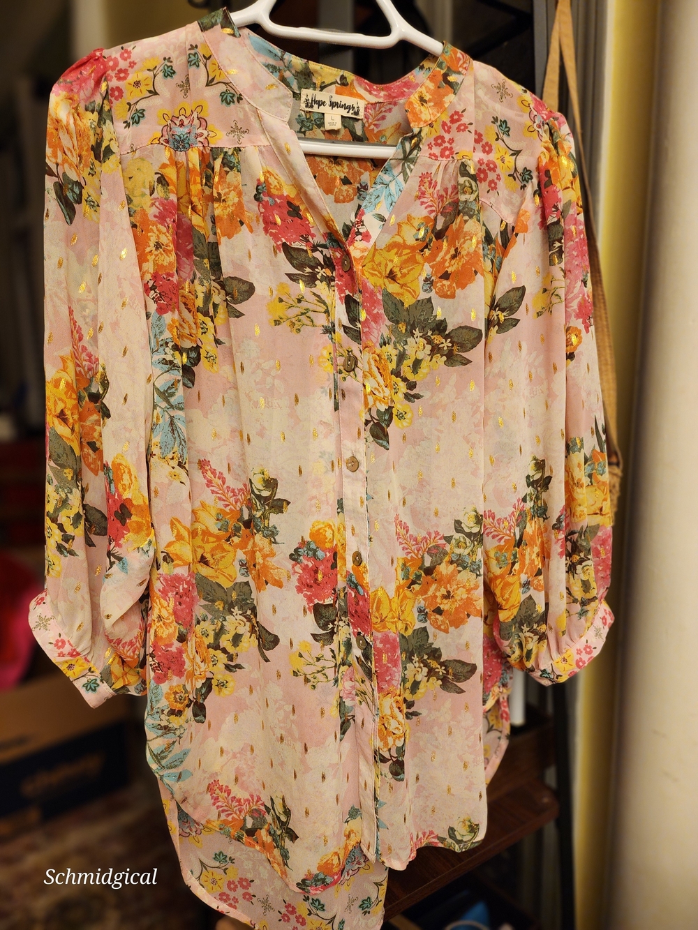 Sheer Floral Button-Front Women's Blouse in Pink Puffy Sleeves‎ Sz L